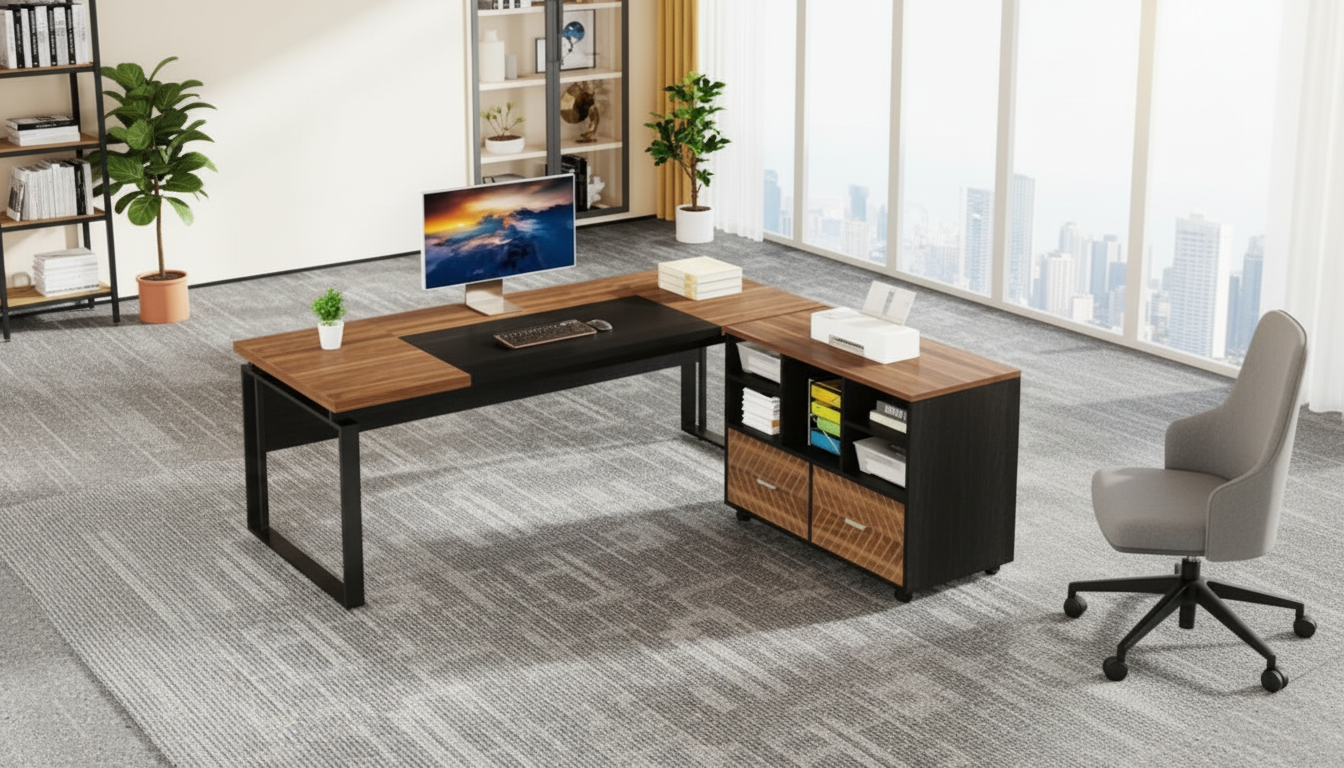 Modern L-Shaped Executive Desk with Reversible Storage